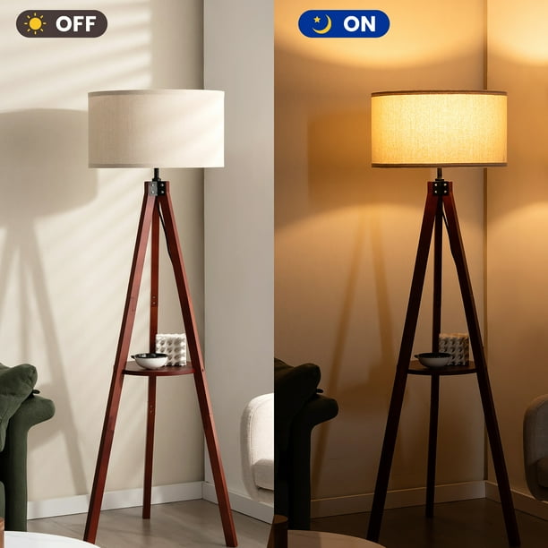 Gymax Tripod Floor Lamp Wood Standing Lamp w Flaxen Lamp Shade