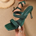 thumbnail image 4 of Kitten Heels for Women Braided Band Stiletto Sandals Square Open Toe Slip on Mules Solid Color Summer Casual Slides Green Size 9, 4 of 7