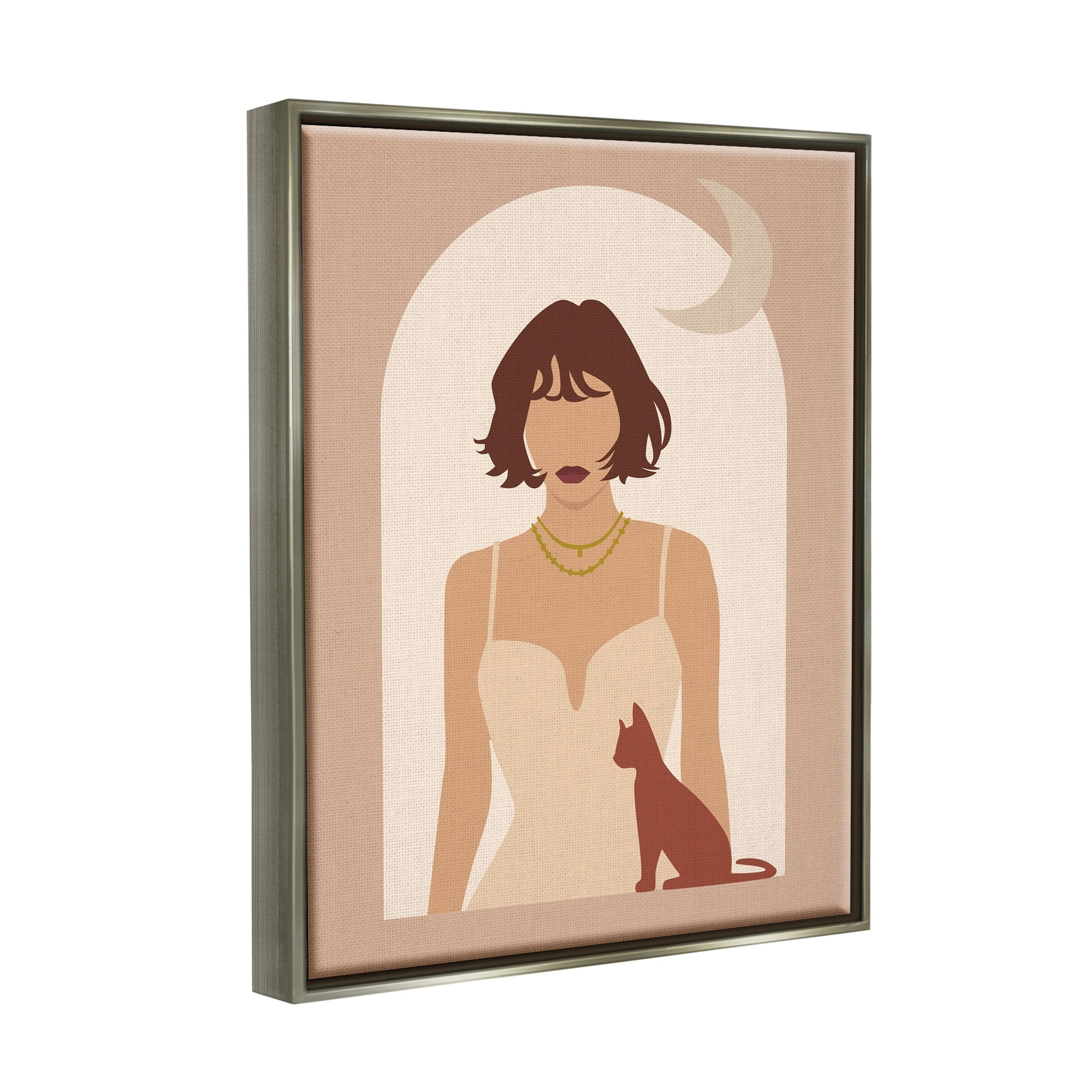 Stupell Industries Woman & Cat Arch Shape Cutout Moon Motif Graphic Art Luster Gray Floating Framed Canvas Print Wall Art, Design by Birch&Ink
