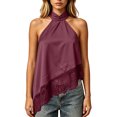 thumbnail image 2 of IUYRTFE Women's Halter Neck Satin Lace Trim Top Sleeveless Elegant Summer Flowy Blouse, 2 of 5