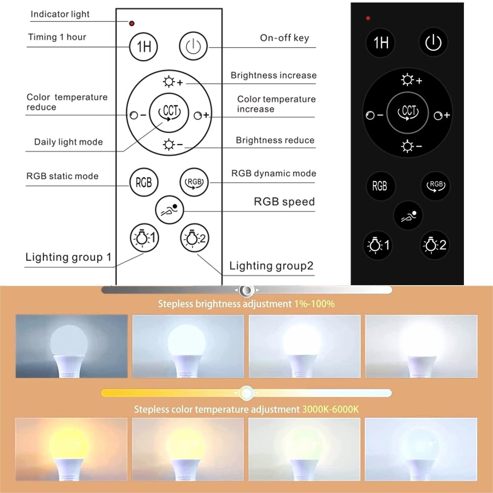 GRV 9W A60 Smart Light Bulbs with a 2.4GHz remote control,Color Changing Led Bulbs,Stepless Dimmable 3000K-6500K,90W Equivalent,800LM CRI>85,E26 Base,Light Bulb for Home Decor,2 Bulb & Remote