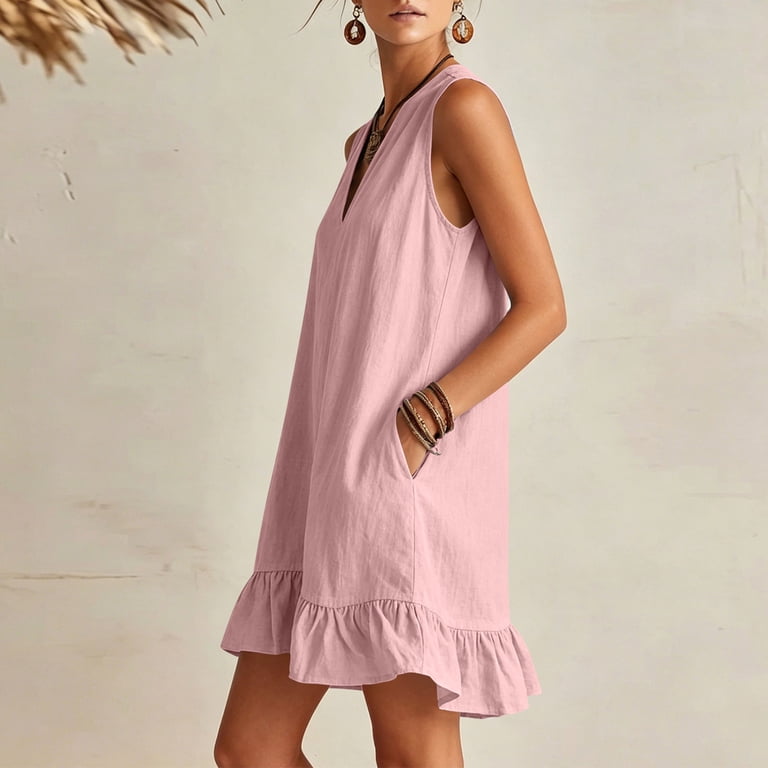 Uqjfacai Midi Dress for Women Ruffle Hem Sleeveless V Neck Linen Gauze Tank Dresses with Pockets Summer Beach Vacation Sundress Pink L, Women's, Size: Uqjfacai Midi Dress for Women Ruffle Hem Sleeveless V Neck Linen Gauze Tank Dresses with Pockets Summer Beach Vacation Sundress Pink L, Women's, Size: