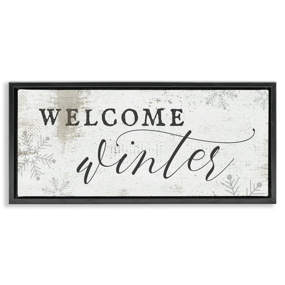 Stupell Industries Welcome Winter Snowflake Pattern Holiday Painting Black Floater Framed Canvas Art Print Wall Art, 25 x 11