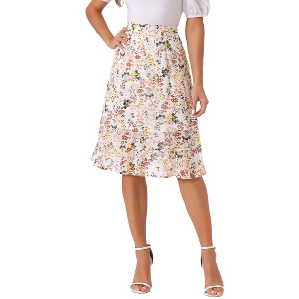 Faldas largas de mujer con flores de cintura alta y vuelo, con abertura y volantes, hasta la rodilla, L, blancas para el Día de la Madre