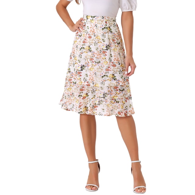 Faldas largas de mujer con flores de cintura alta y vuelo, con abertura y volantes, hasta la rodilla, L, blancas para el Día de la Madre