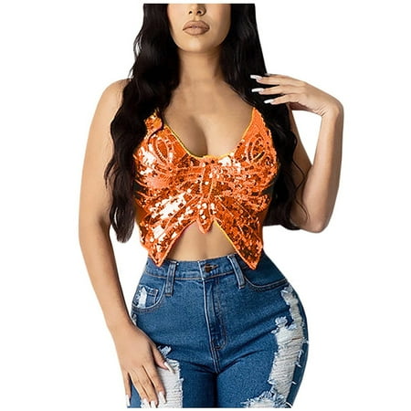 

iOPQO Women s Tanks Women s Sparkly Sequin Crop Top Bandage Bra Belly Dance Vest Tank Costume Outfits Orange One Size