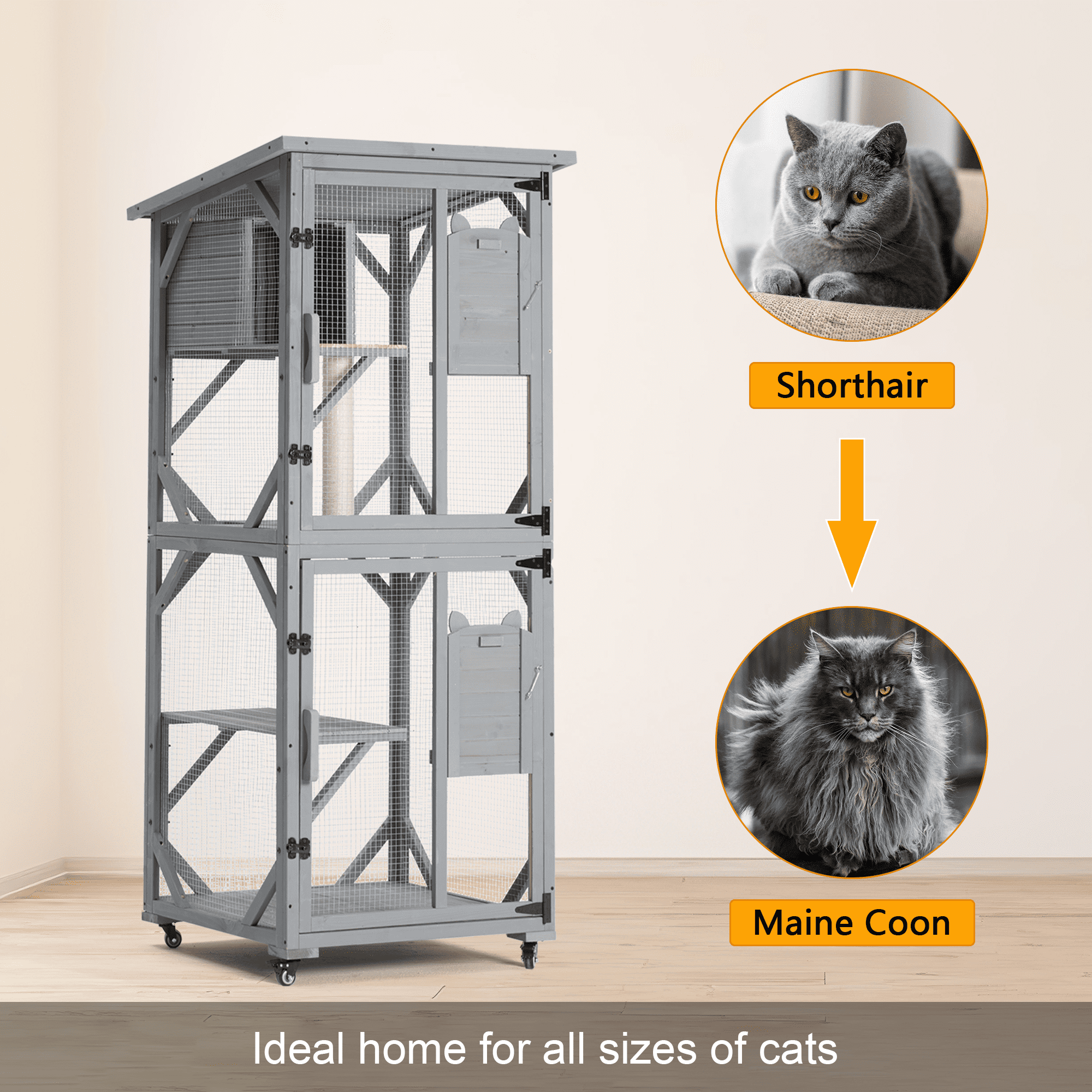 Aukfa 30.7" Wooden Catio Outdoor Pet Large Cat House with Waterproof Top & Wheels for Mulitiple Cats Walk in Cat Cage,Gray