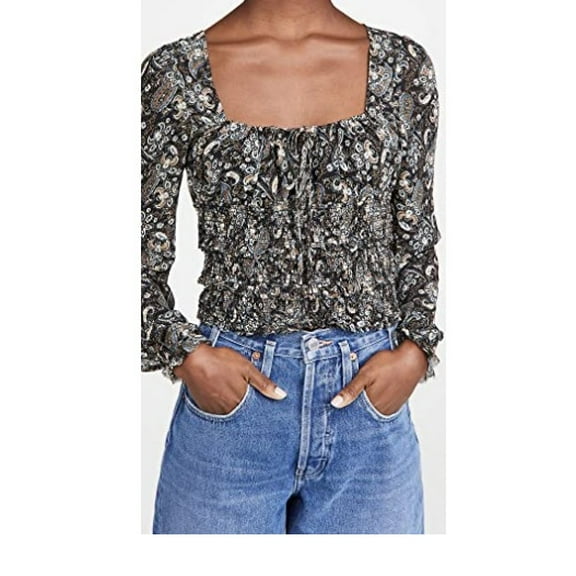 Free People Women's Long Sleeve Printed Tiered Ruffle Top Black L, MSRP $98 NWT