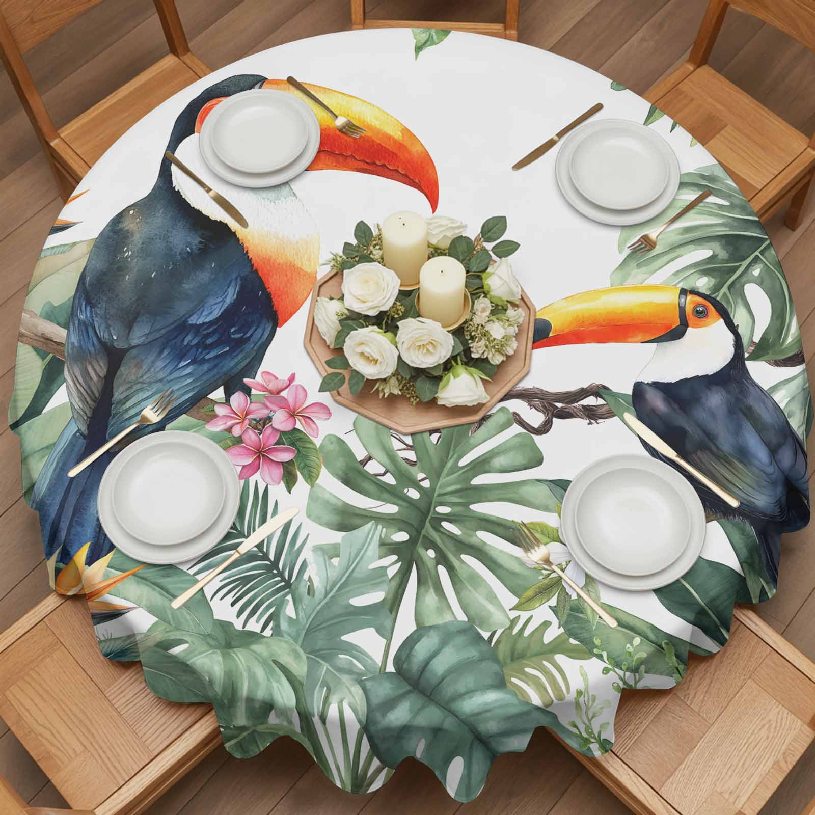 Round Tablecloth Tropical Botanical Waterproof Oil Proof Polyester Table Cloth Cover Decor for Home Dining Outdoor,Patio,Parties, 60" Dia. Palm Banana Leaf Toucan Green