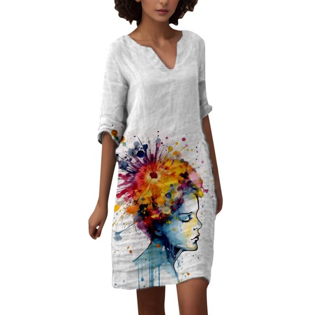 Gibobby Vestido Casual para Mujer Mujer Verano Casual Retro Estampado de flores Cuello en V Longitud media Vestido de manga media(Blanco,M)
