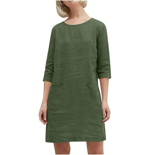 Gspmoly Robes d'Été pour Femmes 2025, Robe Décontractée Unie pour Femme avec Poches à Manches Mi-Longues et Col Rond, Robes de Travail pour Femmes Économies d'Été Liquidation