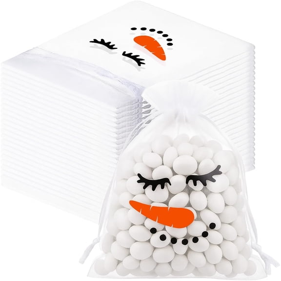 50 Pcs Christmas Organza Bags 4 x 6 Inch Snow Man Gift Bags Bulk Drawstring Organza Gift Pouch Xmas Party Favor for Christmas Holiday Party Favors