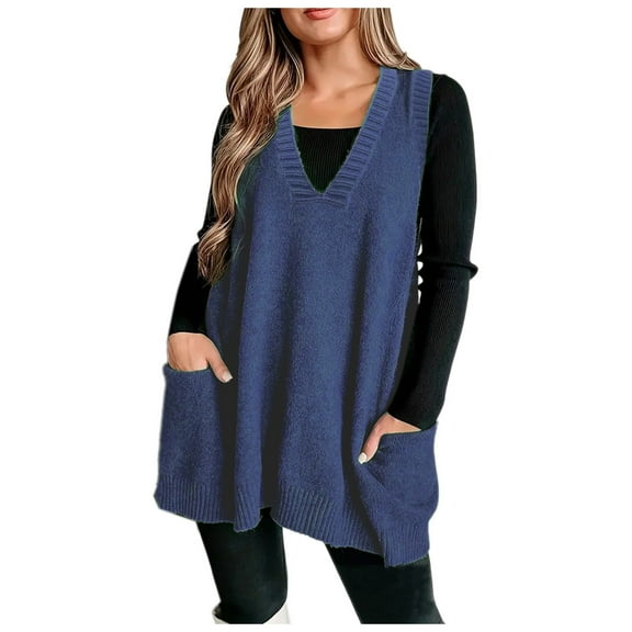 RMGVDSD Women's Sweater Vest V Neck Pullover Knitwear Tank Top Trendy Sleeveless Sweater Solid Color Fashion Basic Sweater Tops /Blue