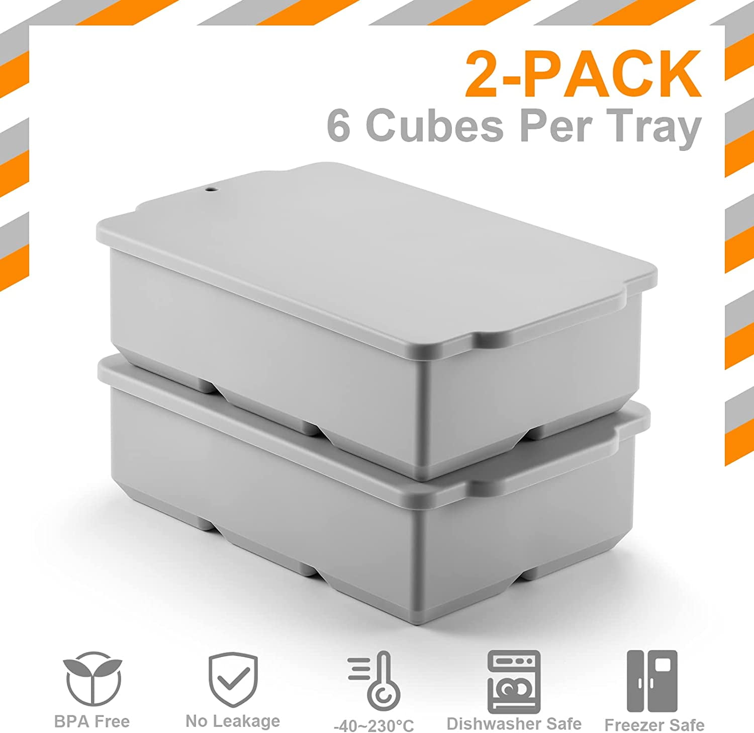 Large Ice Cube Tray with Lid Pack of 2, Stackable Big Silicone Square Ice Cube Mold for Whiskey Cocktails Bourbon Soups Frozen Treats, BPA Free