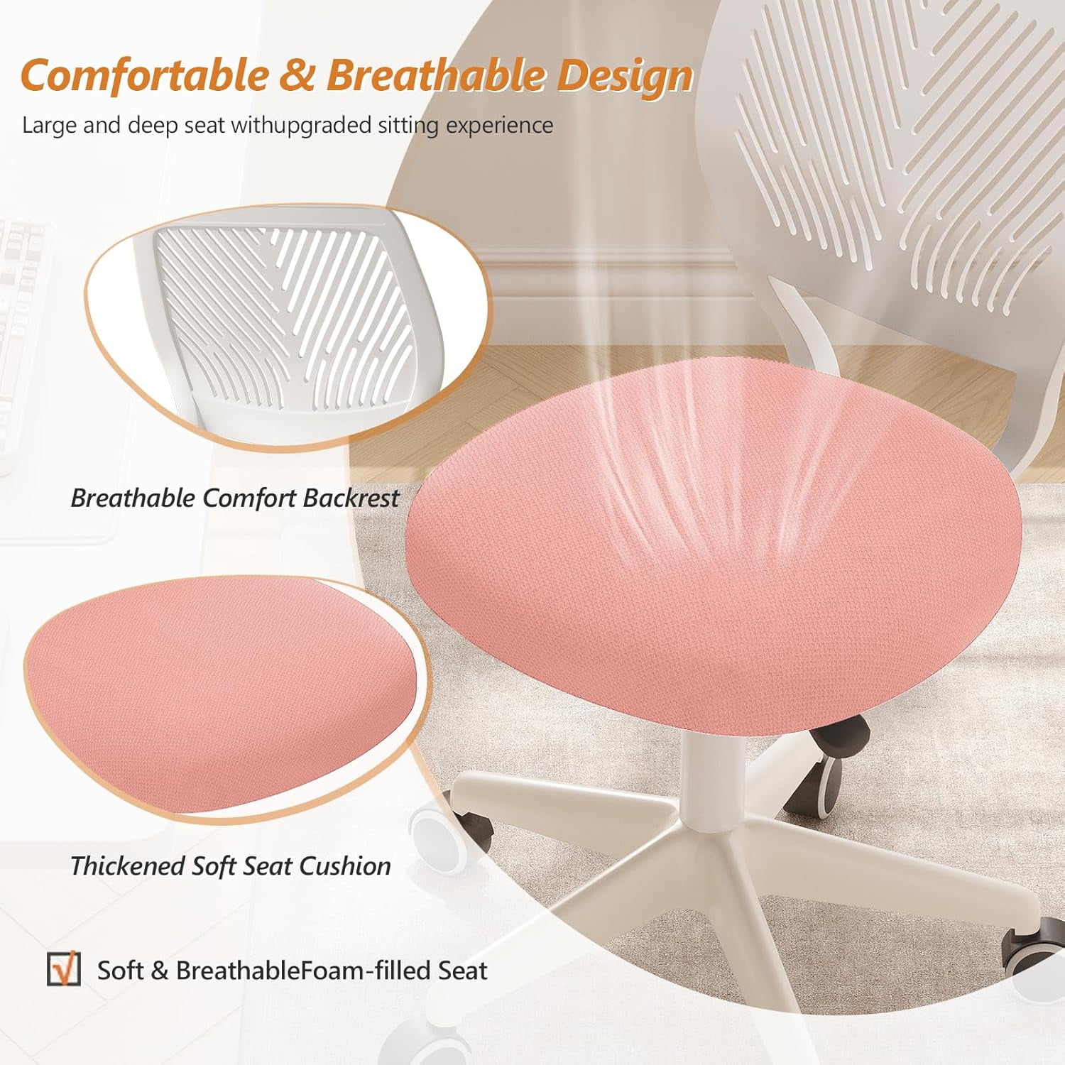 Neatifyes Armless Desk Chair, Height Adjustable Swivel Office Rolling Task Chairs with Soft Mesh Padded Cushion, Ergonomic Small Study Computer Chair for Girls Boys Teens (Pink, 1PC)
