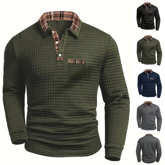 HAOTAGS Mens Long Sleeve Polo Shirts, Plaid Lapel Sweatshirts Long Sleeve Pullover Top Army Green L