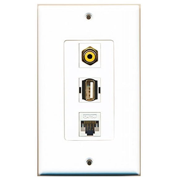 RiteAV - 1 Port RCA Yellow and 1 Port USB A-A and 1 Port Cat5e Ethernet White Decorative Wall Plate Decorative