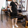 thumbnail image 3 of Conjunto de camiseta y pantalones cortos para hombre, estampado gráfico de entrenamiento, conjunto de pantalones cortos para hombre, ropa coreana de dos piezas barata, oferta de atuendos juveniles emo, 3 of 5