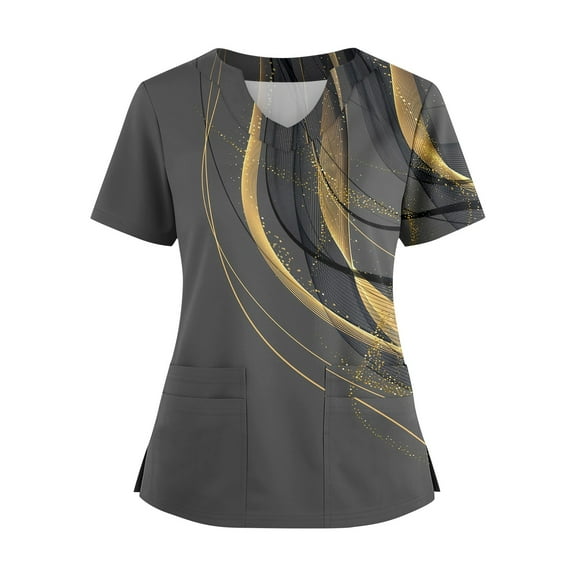 Scrubs For Women Tops, Plus Size Loose V Neck Short Sleeve Nurse Scrubs Top With Polka Dot & Geometric Print, Side Slit Design, Comfortable Casual Work Uniform Scrubs Sets (M, Black) ZMTing