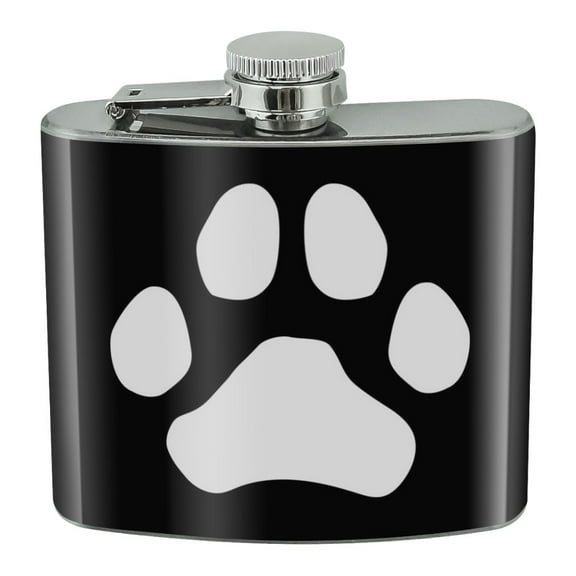 Paw Print Dog Cat White on Black Stainless Steel 5oz Hip Drink Kidney Flask