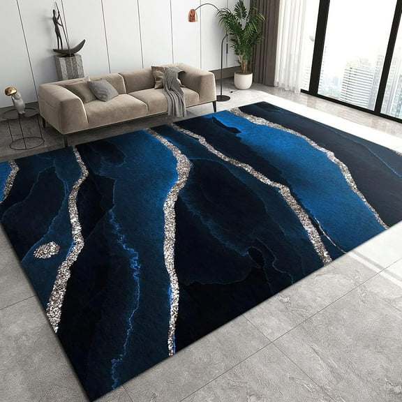 Luxury Black Blue Silver Irregular Geometric Art Area Rug, Nordic Home Printed Rug, Non-slip Easy Clean Low Pile Washable Rug For Living Room Bedroom Kitchen Entryway Hallway 1x2ft