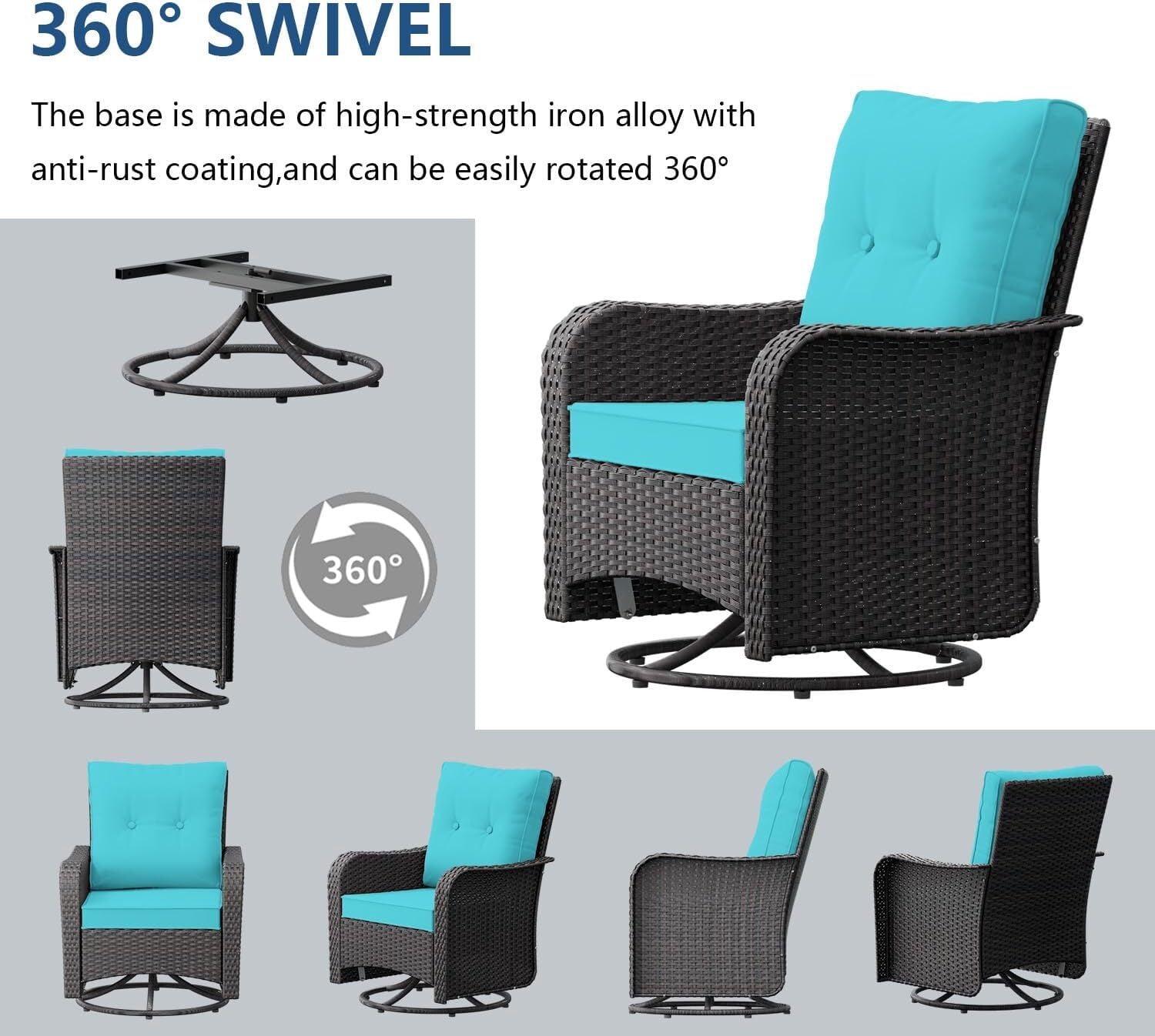 ASJMR 3PCS Patio Wicker Chairs Swivel Rocker with Coffee Table and Cushions, Outdoor Rattan Rocking Chairs for Porch Pool, Green