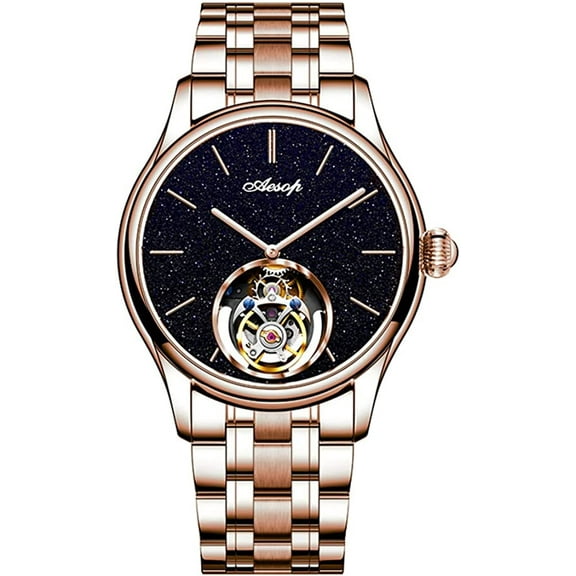 AESOP Classic Real Tourbillon Skeleton Hand-Wind Mechanical Wrist Watch Men Sapphire Crystal Manual Wind Business Dress Clock Man Stainless Steel Leather Strap Sand Stone Dial Wristwatches