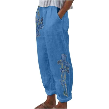 

Dadaria Linen Pants for Women Petite High Waist Loose Cotton Linen with Pocket Printing Trousers Pants Blue S Female