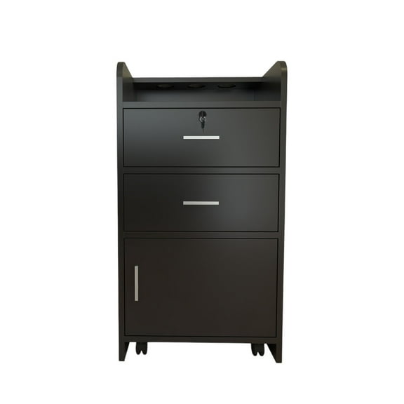 IVV Rolling Station for Hair Stylist, Salon Trolley Cart for Extra Storage Space, 3 Hair Dryer Holes, 2 Drawers (One with Lock) for Barbershop Bathroom, Black
