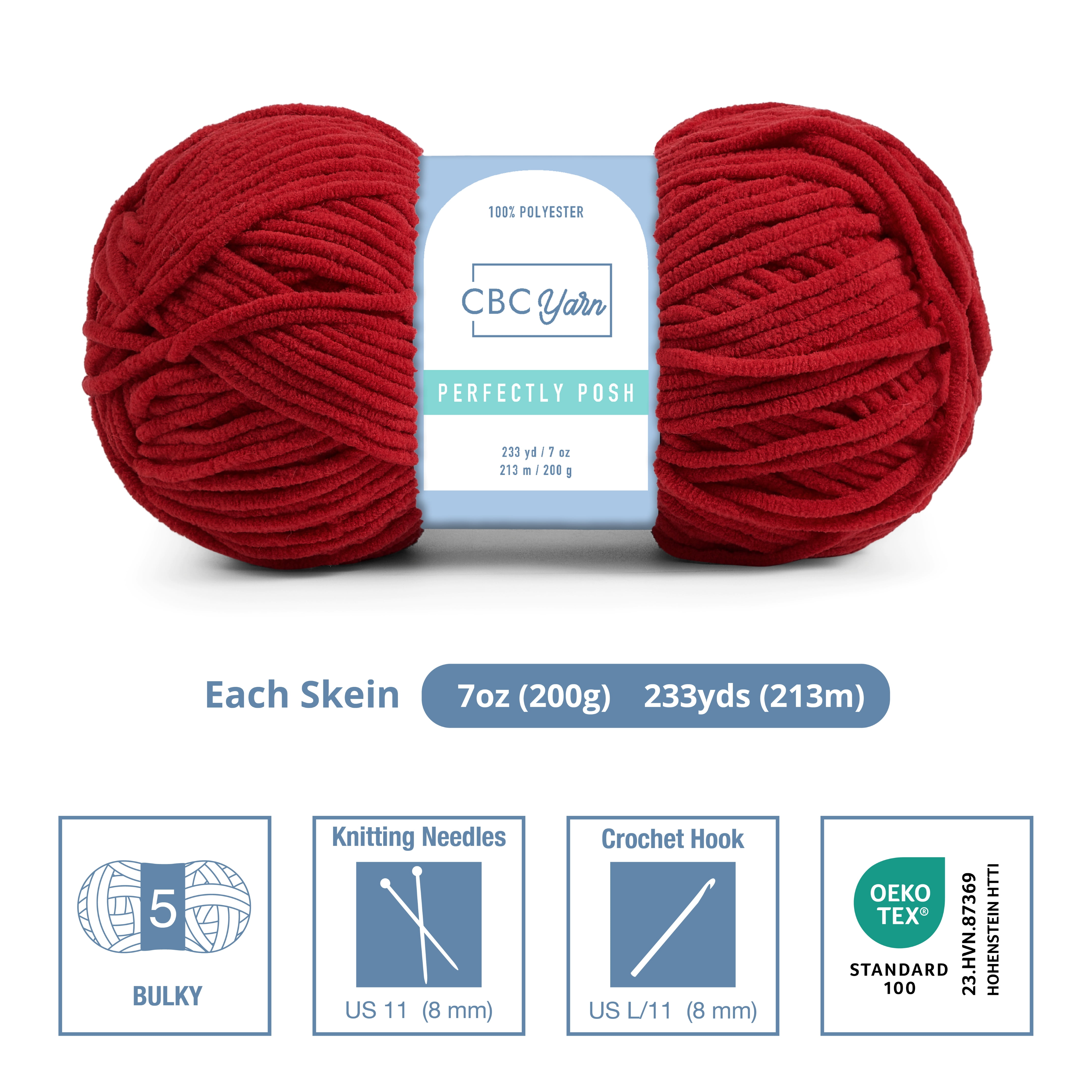 CBC Perfectly Posh Chenille Yarn for Knitting, Crocheting and Amigurumi - 2 Pack (7 oz / 200 g, 233 yards Each Skein), Red, Gauge 5 Bulky