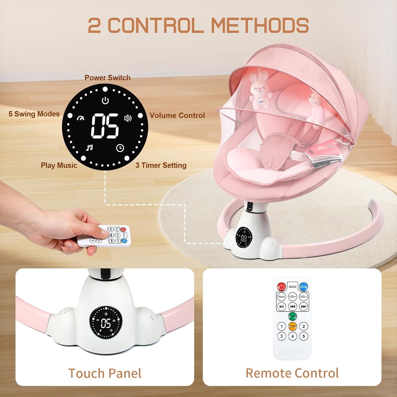 PRVAETU Electric Baby Swing for Infant Newborn W/ 5 Speed,10 Lullabies,5-Point Harness,Detachable Cushion & Canopy,Remote Control & Touch Panel,Pink