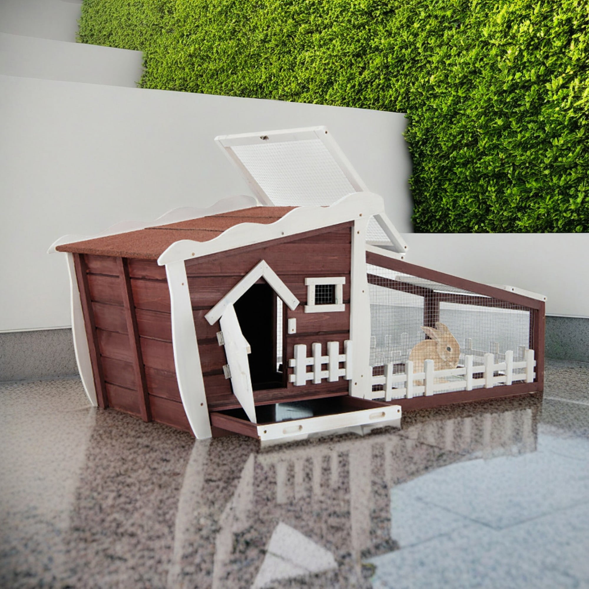Pefilos 62" Outdoor Rabbit Hutch, Wood Chicken Coops with Pull Out Tray, Pet Cages for Small Animals, Red