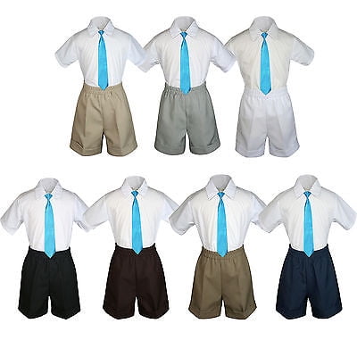 

3pc Set BoyToddler Formal Party Turquoise Necktie White Black Khaki Shorts S-4T