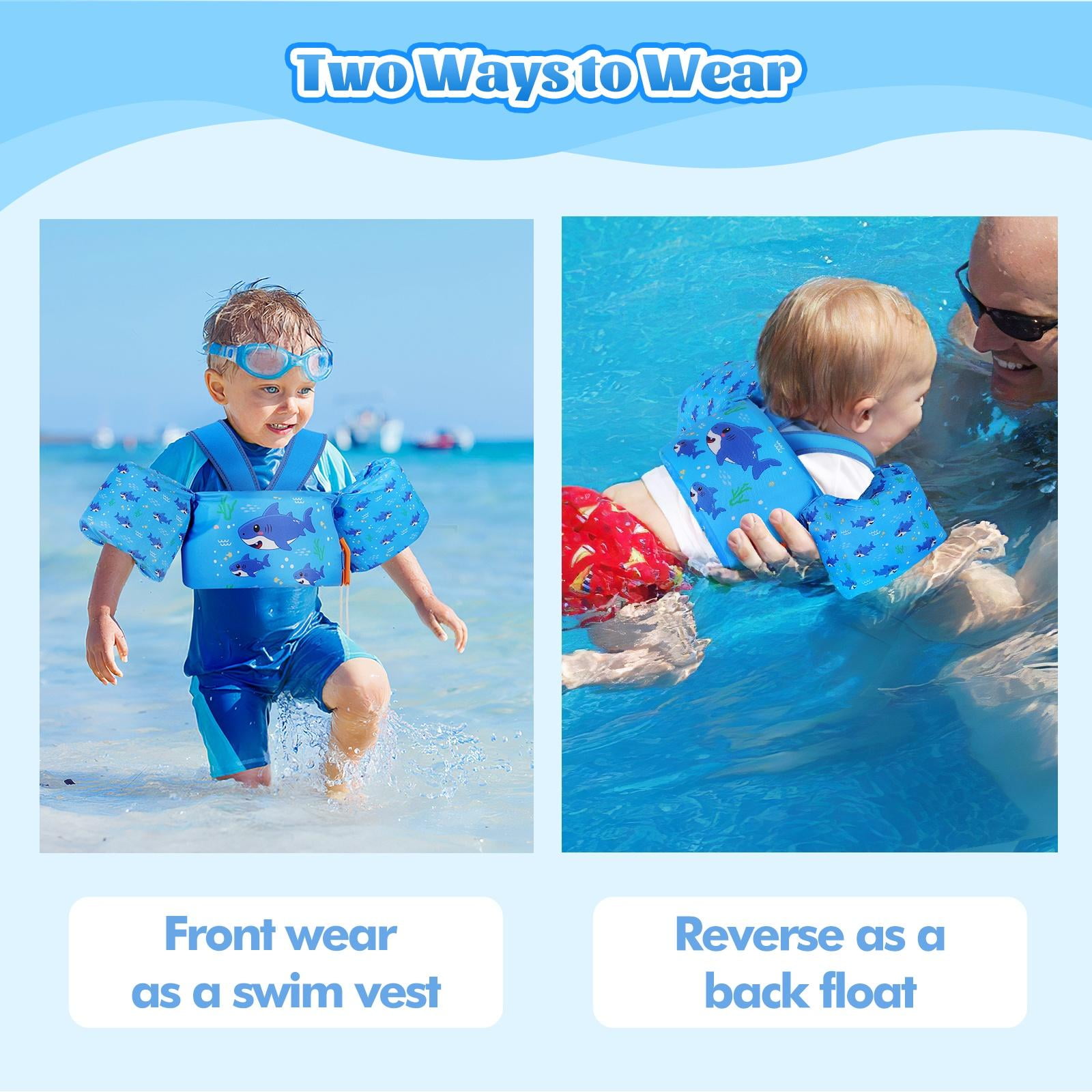 MoKo Toddler Swim Vest for Kids 20-30-50lbs Girls Boys, Arm Floaties Swimming Learning Training Equipment, Dark Blue Shark
