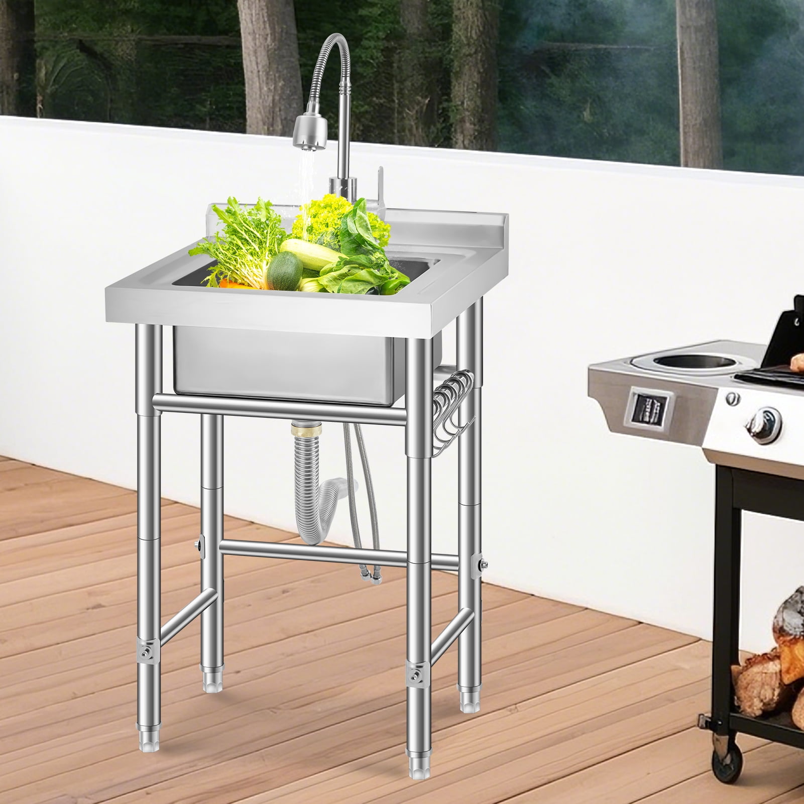 Amkui Stainless Utility Sink, Freestanding Outdoor Sink with Adjustable Legs, Storage Shelf,S-Hooks & Hot Cold Water Pipes, Kitchen Single Stainless Sinks for Laundry, Garage