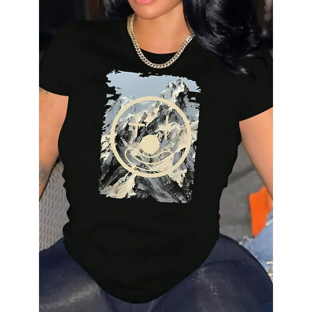 T-Shirt Blanc à la Mode pour Femme avec Motif Créatif de Montagne Enneigée Joyeuse - Col Rond Décontracté à Manches Courtes, Mélange de Polyester Léger, Parfait pour le Confort Estivalfête des Pères, Fête des Mères, Nouvel An