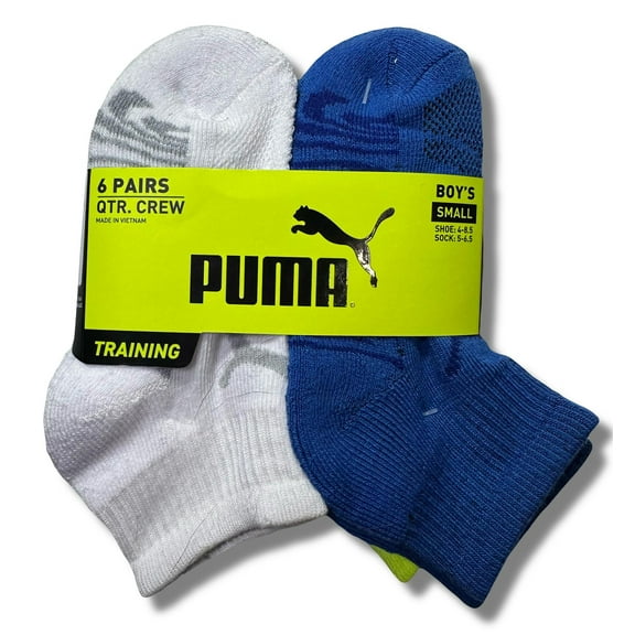 PUMA SOCKS BOYS X6 - QUARTER 243 DECO - BLUE SZ SMALL - SHOE SZ 4-8.5 - 6 PACK