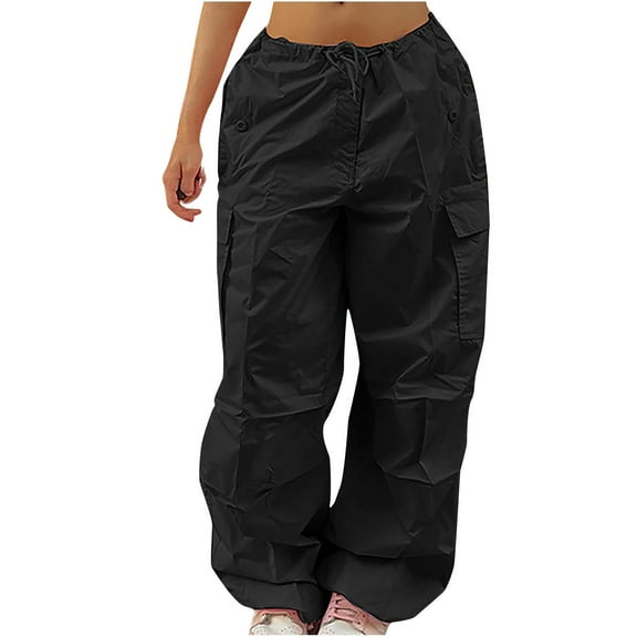RYRJJ Parachute Pants for Women Drawstring Baggy Cargo Pants Multi Pocket Y2K Trouser Low Rised Jogger Sweatpants Loose Hip Hop(Black,S)