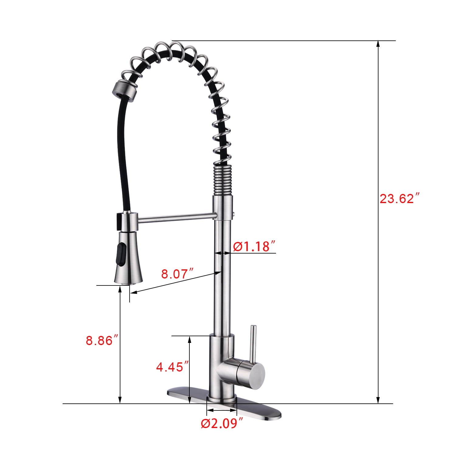 Izzovium Commercial Modern Single Handle Spring High Arc Kitchen Faucet, 23.62" Height, 8" Spout Reach, 1.8GPM Flow Rate, Brushed Nickel Finish, Stainless Steel Construction