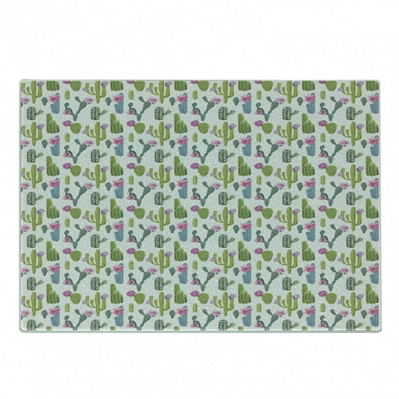 Exotic Cutting Board, Saguaro Plant Rebutia Floral Desert Wilderness Pattern Nature Theme, Decorative Tempered Glass Cutting and Serving Board, Small Size, Lime Green and Slate Blue, by Ambesonne