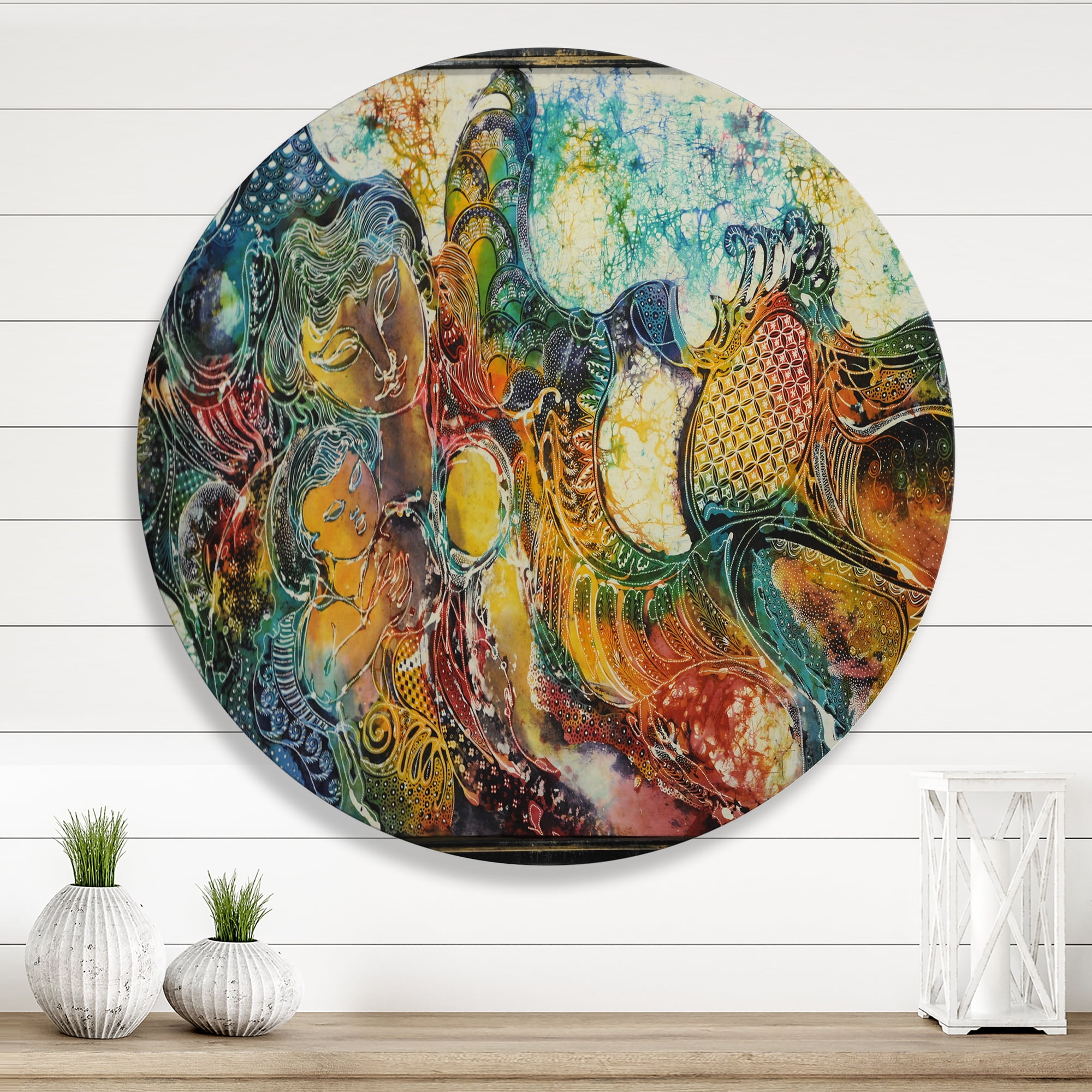 Designart 'Child With Mother With Batik' Modern Circle Metal Wall Art 11x11 - Disc of 11