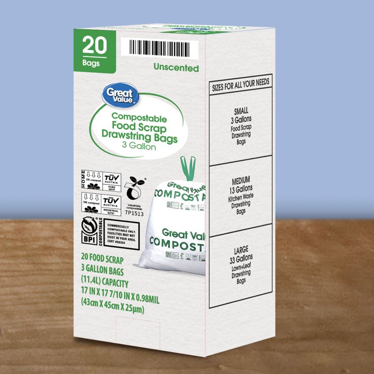 Great Value 3-Gallon Small Compostable Trash Bags, 20 Bag