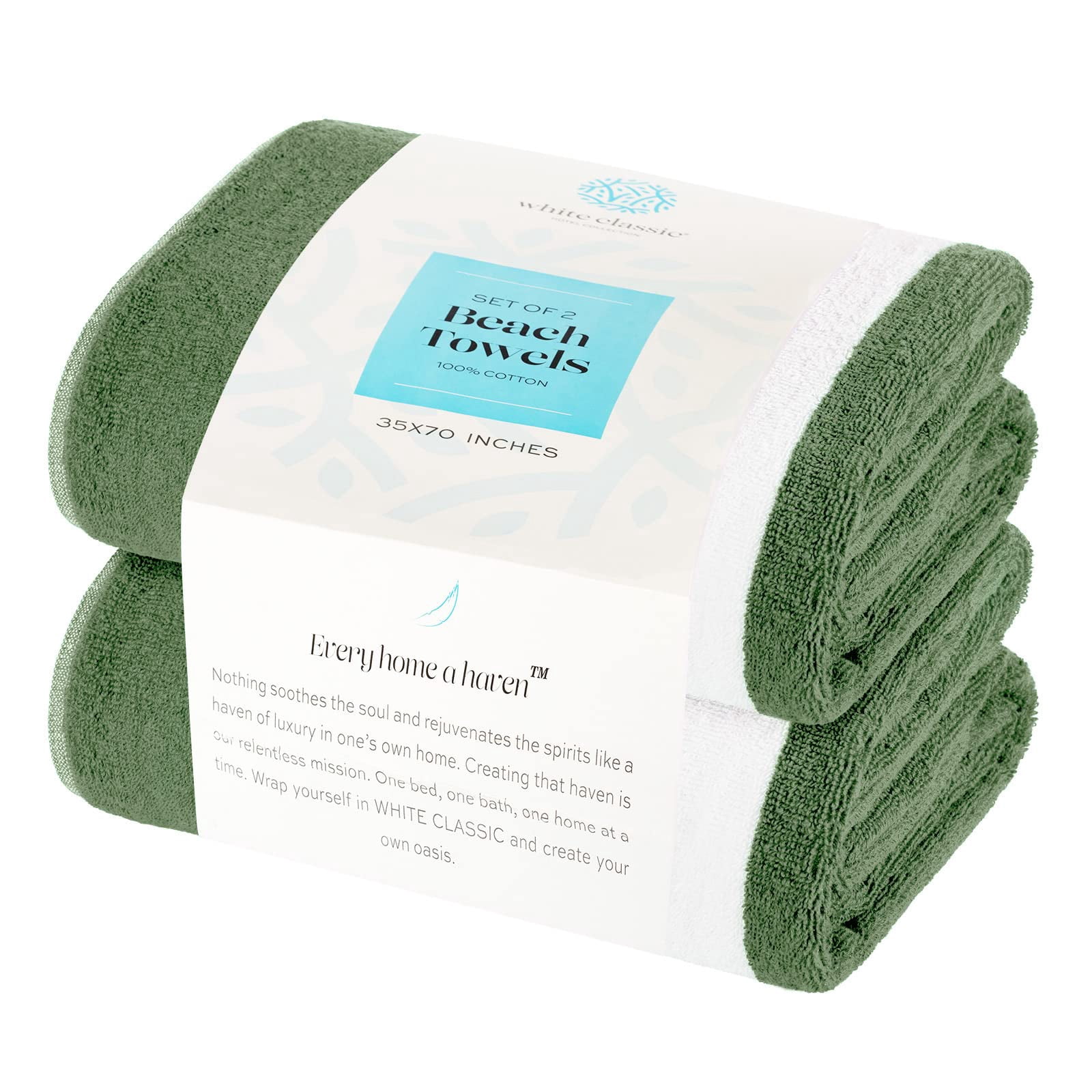 White Classic Luxury Cabana Stripe Cotton Beach Towels, Green, 35 x 70, 2 Pack