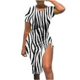 thumbnail image 2 of Wycnly Sundresses for Women Short Sleeve Crewneck Striped Print Midi Dresses Night Party Club Sexy Drawstring Slit Bodycon Summer Dress White l Clearance Under $5, 2 of 4