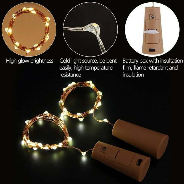 Fiudx Luces para Botellas de Vino, Cadena de Luces Led de 1 M y 10 Luces Blancas Cálidas, Incluye Batería para Un Uso Sencillo, Cable de Cobre Impermeable para Efectos Impresionantes, Ideal para Fies