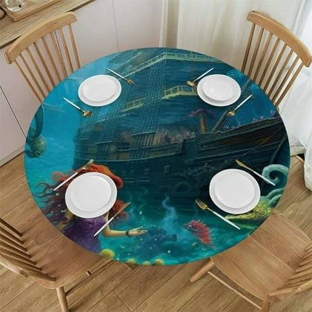 Awypu Mermaid Pirate Ship Fantasy Art Round Tablecloth for Picnic Dining Kitchen Farmhouse 100% Polyester Fiber 38-42