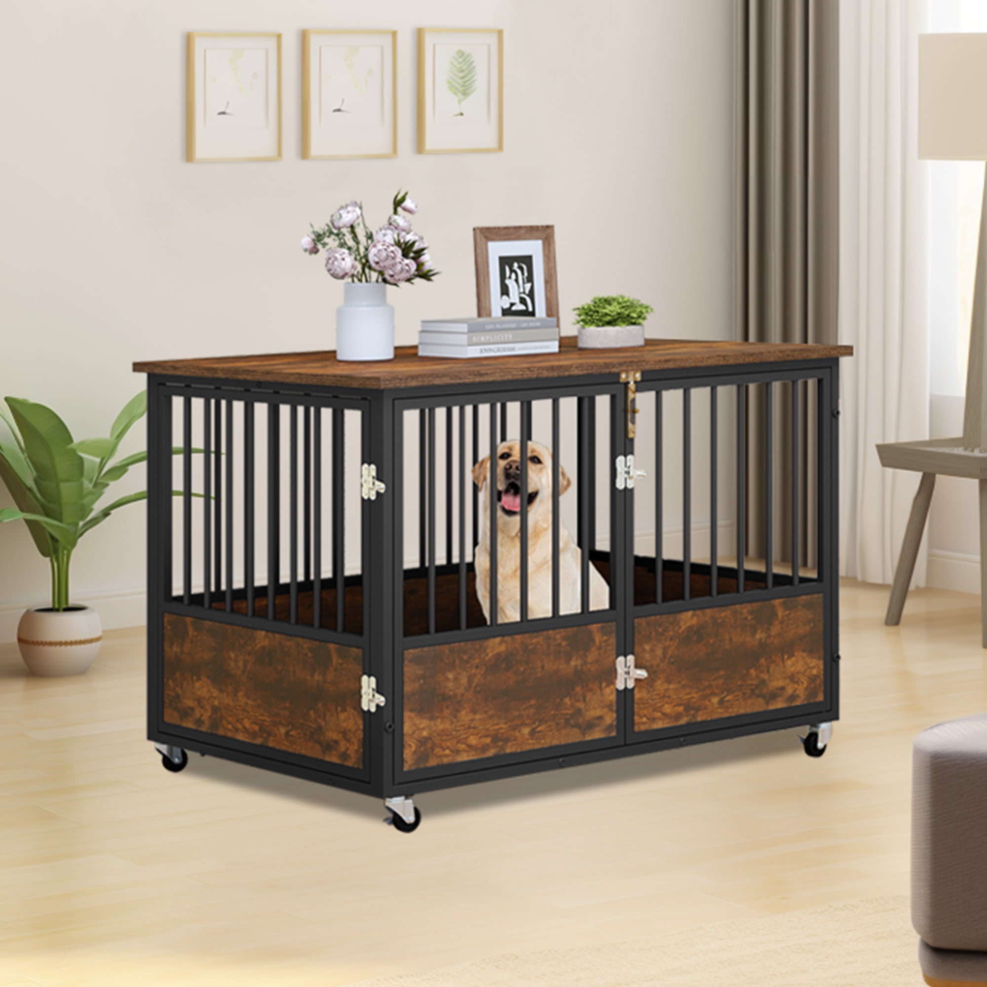 Uforic 43-Inch Wooden Dog Crate Furniture with Wheels and Double-Doors,Dog Kennel,Dog Cage for Indoor - Rustic Brown