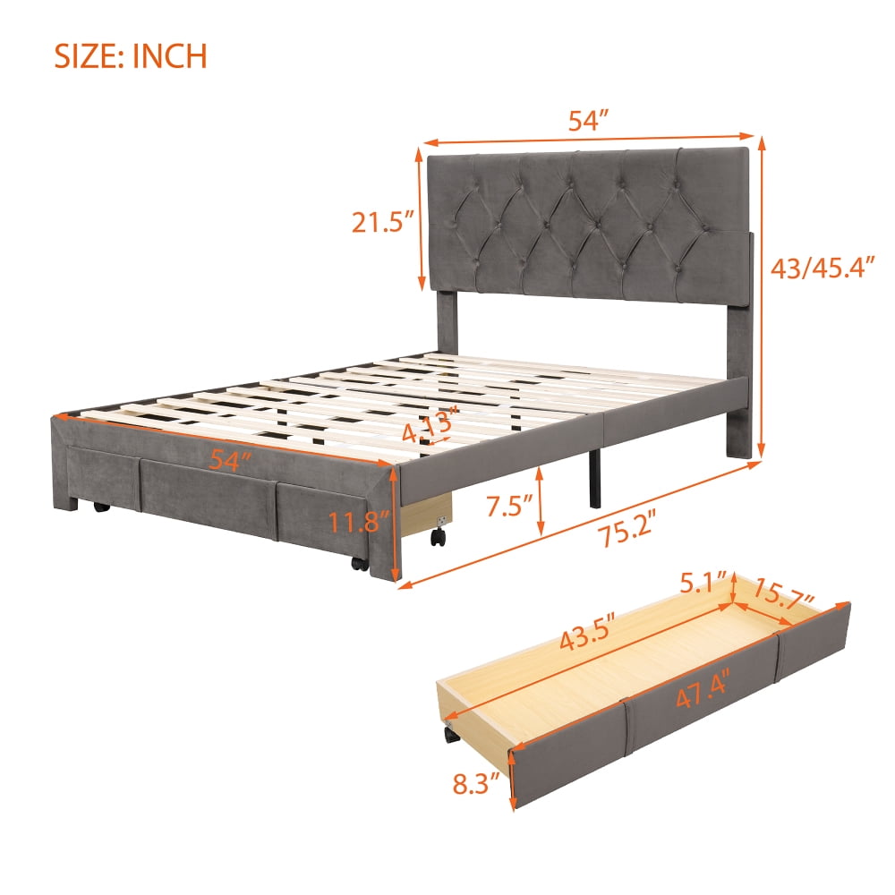 Full Size Upholstered Bed Frame, Platform Bed Frame with Storage Drawers, Full Size Bed Include Velvet Headboard Wingback and Strong Wood Slats Support, No Box Spring Needed, Gray