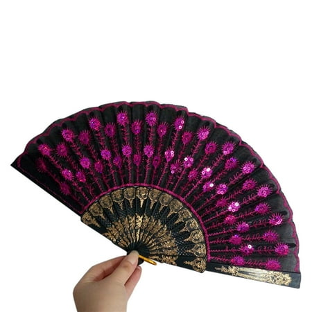 

Relanfenk Portable Mini Fans Spanish Lace Silk Folding Hand Held Dance Fan Flower Pattern for Party Wedding