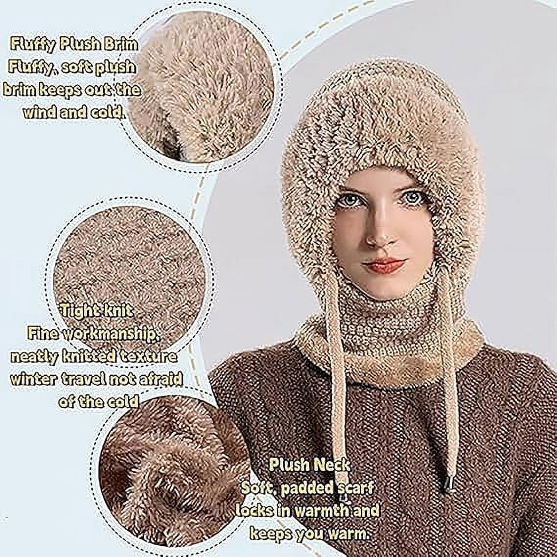 Choosemuc Hat, Women's Outdoors Windproof Scarf Hat, 3-in-1 Winter Balaclava for Women, Knitted Ski Scarf and Mask Set Khaki